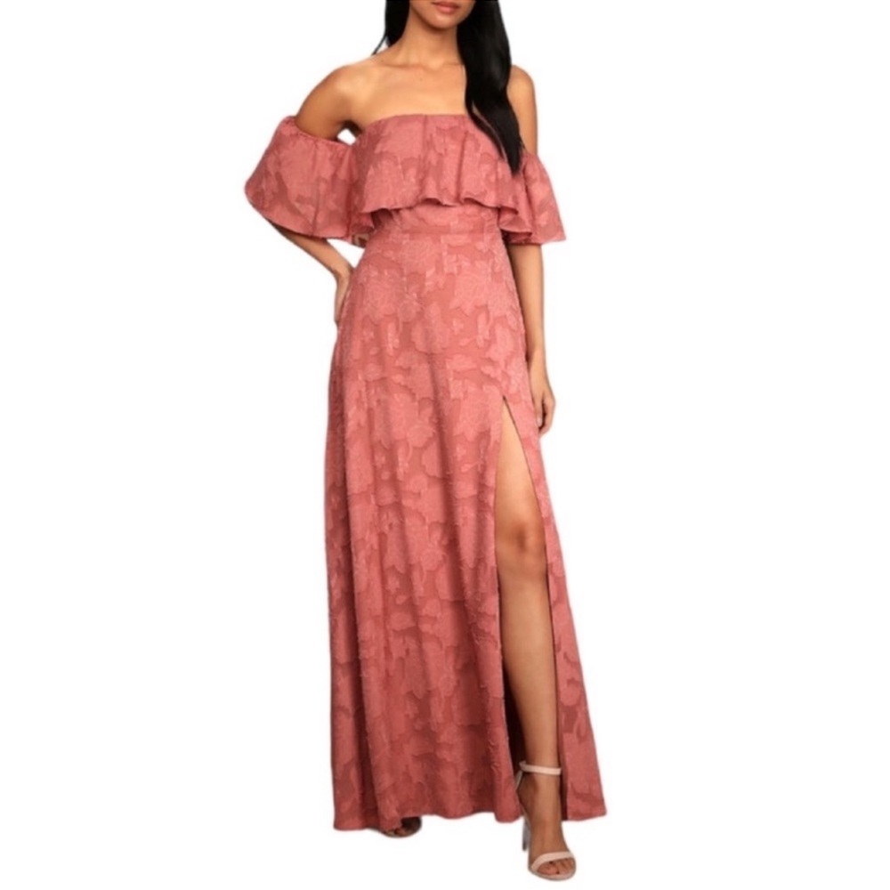 Lulus Love Bliss Rose Pink Floral Jacquard Off-the-Shoulder Maxi Dress NWT